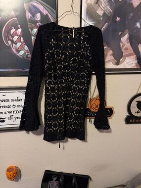 Free People Black Crochet Long Sleeve Tunic Dress
